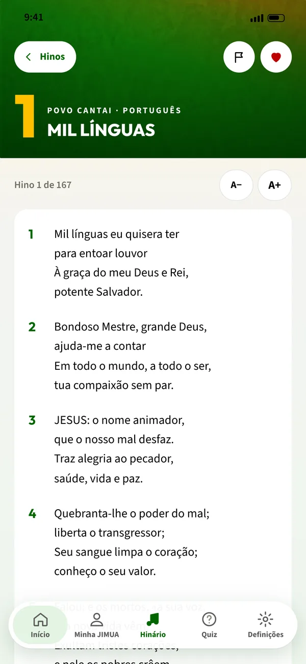 Ecrã de um hino na app JIMUA